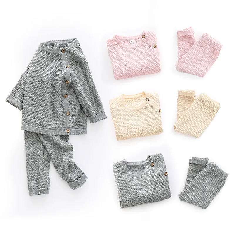 Baby Knitting Autumn Winter Clothes Set Solid Color Cotton Infant Long Sleeve Sweater Top and Trousers 2pcs Outfits