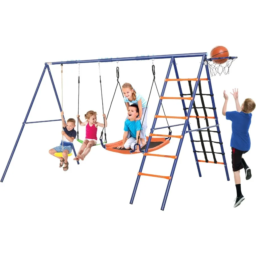 

Backyard Swing Set 6-in-1 Outdoor Playground with Metal Frame Heavy Duty 550lbs Capacity Safe Platform Swing Adjustable Swings