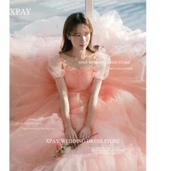 XPAY Fairy Blush Pink Tulle Prom Dresses Korea Customised Puff Short Sleeves Corset Lace Up Back Evening Gown Wedding Photoshoot