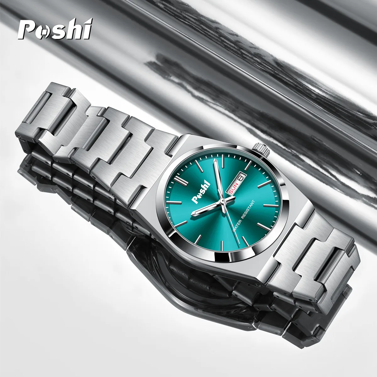 POSHI 979 Luxury Quartz Watch for Man Fashion Business Stainless Steel Wristwatch Men\'s Clock Date Week Dilsplay Watch Box