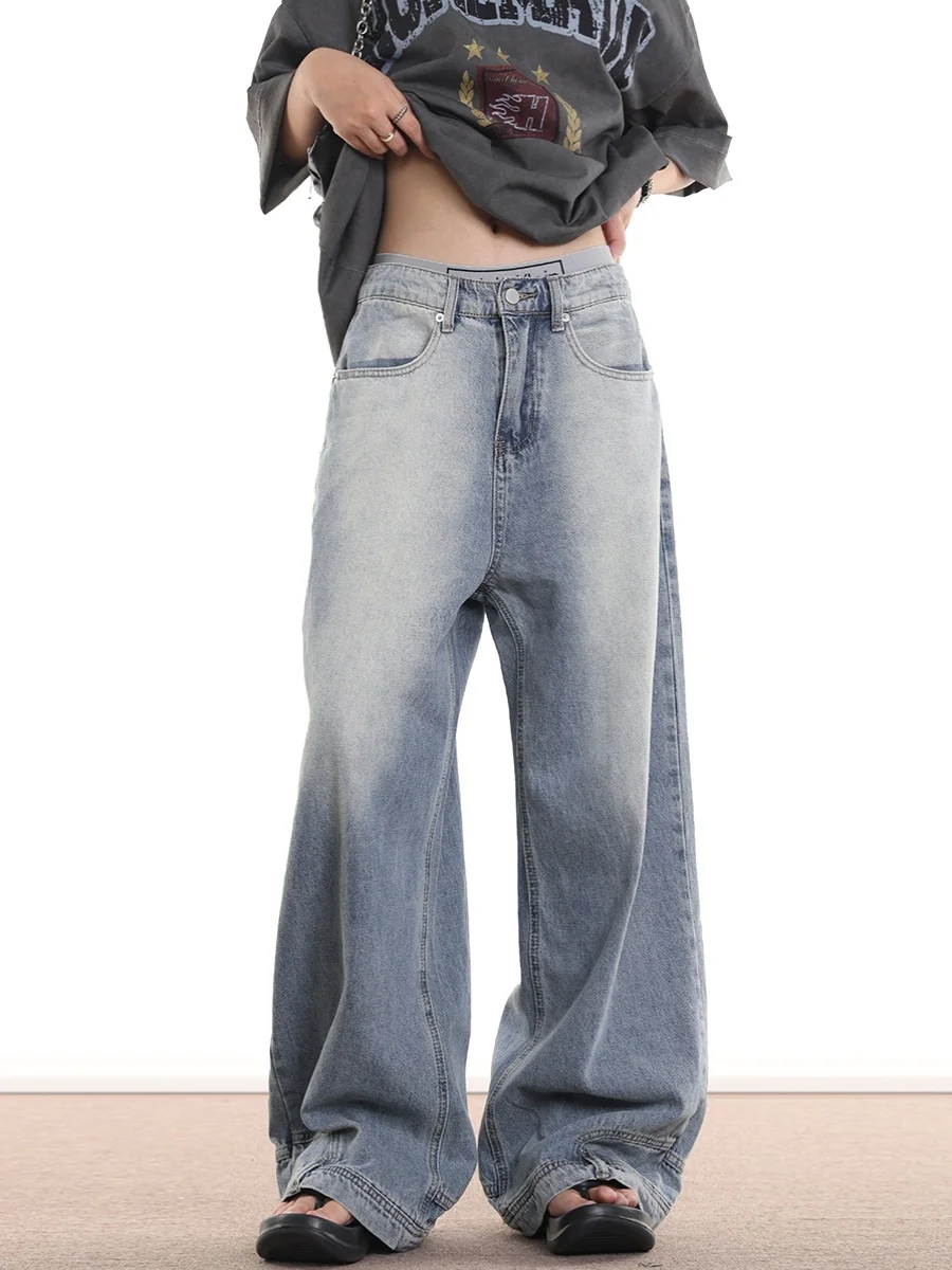 Calça jeans de perna larga americana sle, design baward, solta, reta, feminina, casual, cintura alta, calças compridas