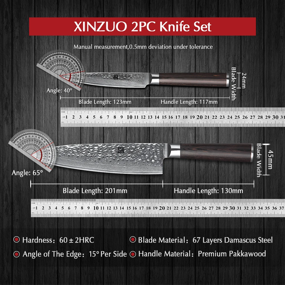 XINZUO 2PCS Kitchen Knife Set Damascus Steel Chef Gyuto Utility Knives Pakkawood Handle Stainless Steel Kitchen Cutlery