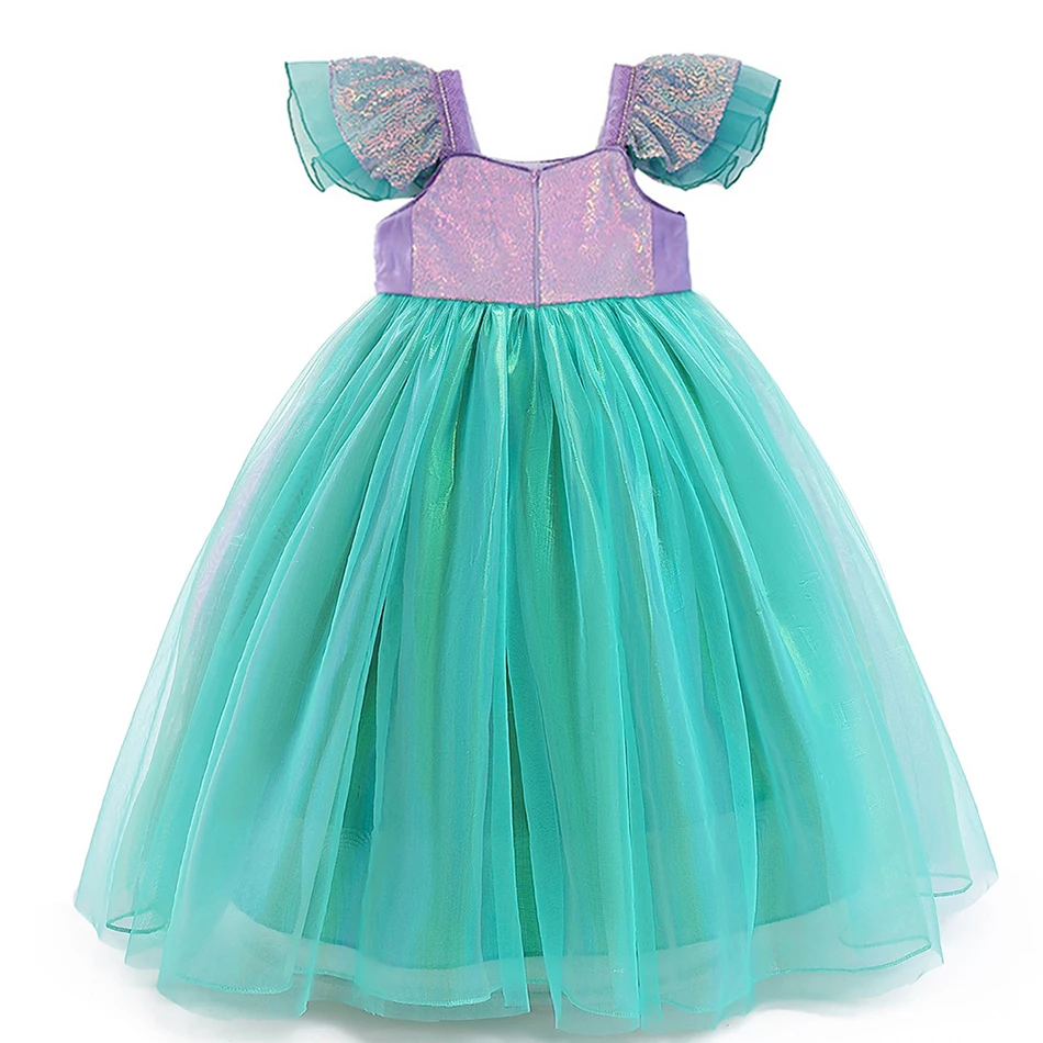 Disney Princess Ariel Cosplay fantasia para meninas, A Pequena Sereia, vestido de tule fofo, manga voadora, vestidos de lantejoulas, luxo, crianças, verão