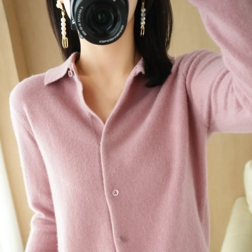 

Klein Blue Texture Polo Lapel Knit Cardigan Sweater High Elastic Fabric Word of Mouth Yarn Women's Fashion Outerwear