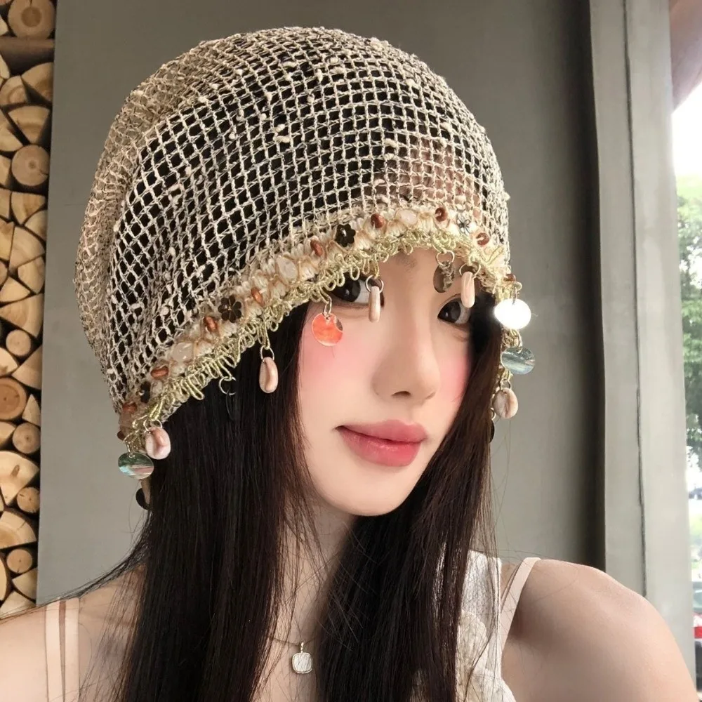 Seasheel Tassel Trim Mesh Beanie for Women Breathable Versatile Knit Skull Cap Soft Hollow Out Beaded Crochet Cap Spring Summer