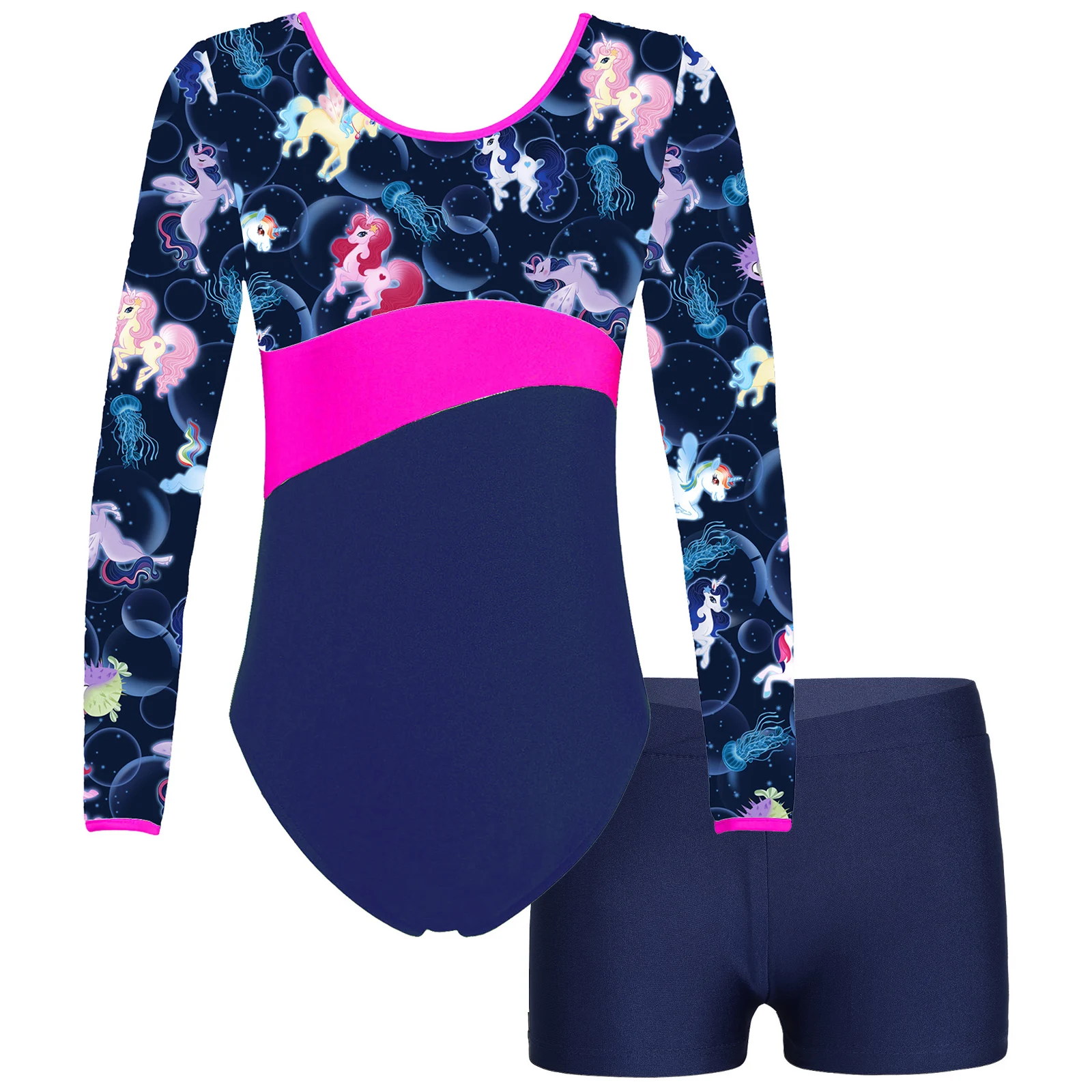 

Kids Girls Gymnastics Ballet Dance Leotard Long Sleeve Printed Unitards+Shorts Outfit Sports Yoga Ice Skating Workout Dancewear