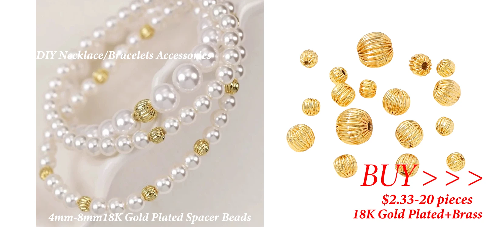 18K vergoldete Abstandshalter-Perlen für die Schmuckherstellung, 2,5-6mm Perlen-Trenner, dekorative Perlen für Armbänder, DIY-Zubehör Großhandel – Detail 3