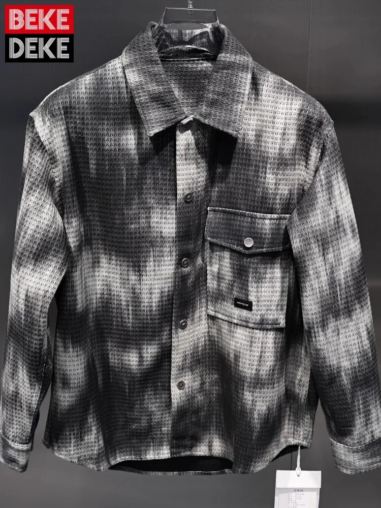 

Harajuku повседневная мужская куртка с длинным рукавом, весна-осень, градиент цвета, индивидуальная лацкана, свободная верхняя одежда, модное мужское пальто