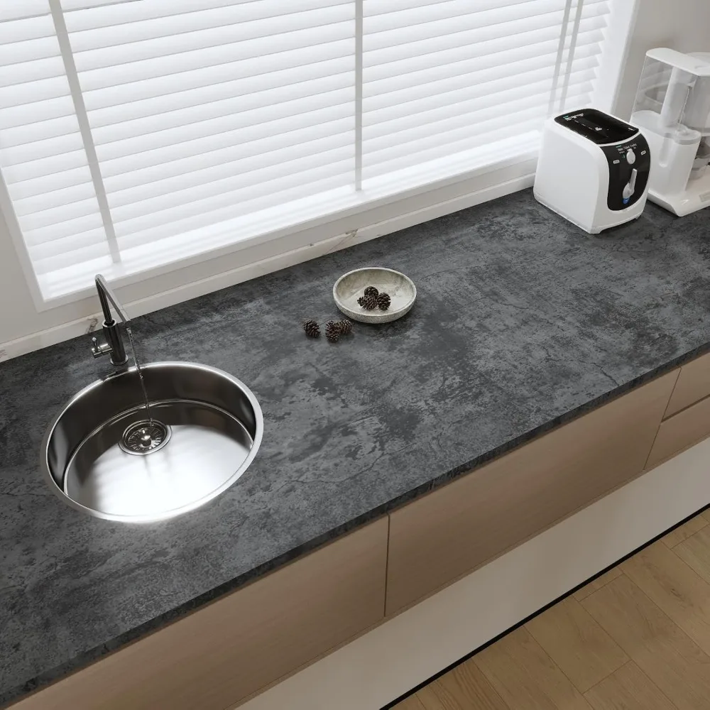 ورق جدران واسع من الخرسانة باللون الرمادي والأسود - ورق اتصال غير لامع ذاتي اللصق مقاوم للماء لتزيين الجدران القابل للإزالة