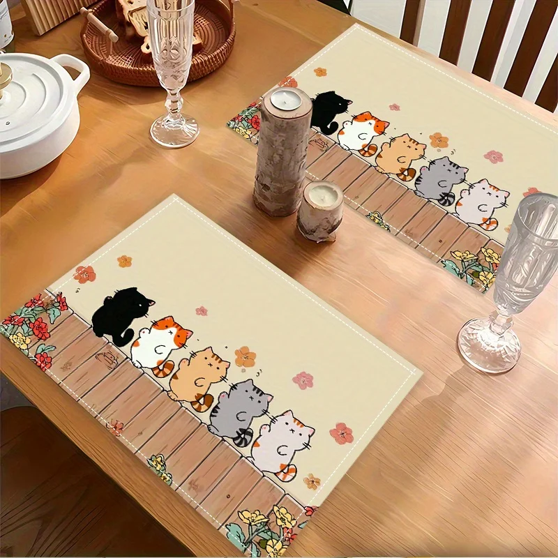 

8/4/6pcs Cute Cartoon Cat Placemats Linen Heat Resistant Washable Table Mats For Kids Dining Kitchen Decor Pet Lover Gift