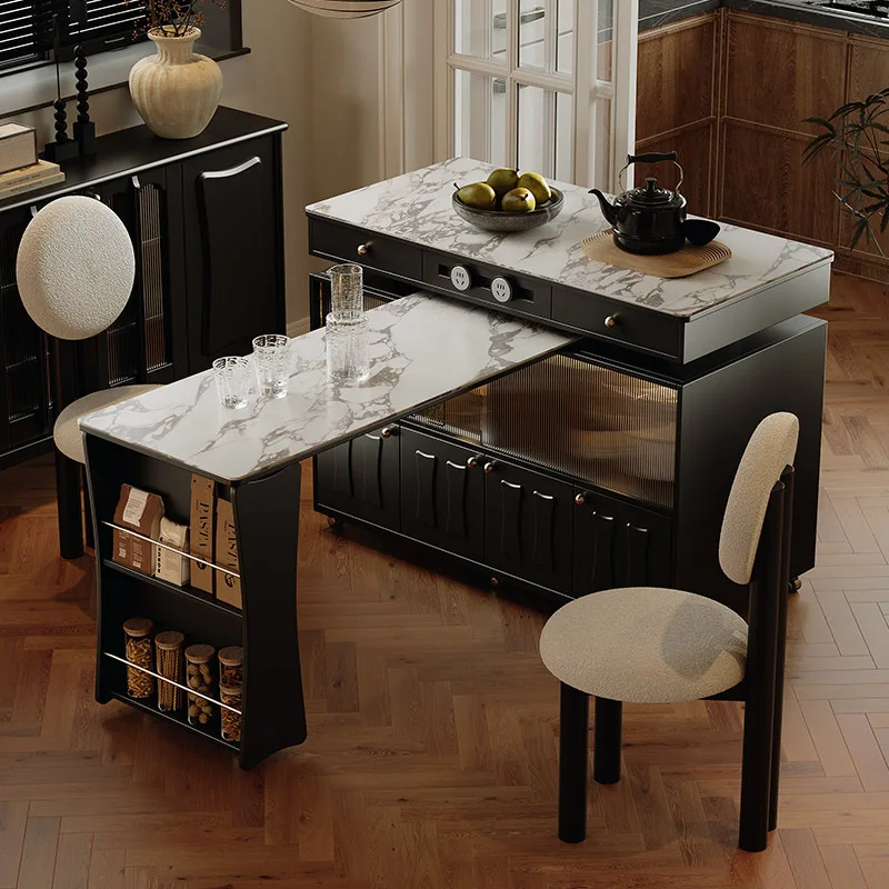 

American retro mobile rock slab island French family small apartment restaurant rotating integrated dining table
