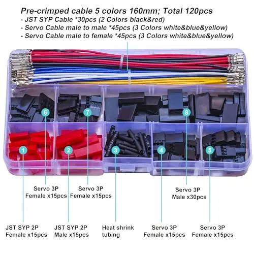 

Servo Connector Kit 2.5mm JST-SYP & Servo 2.54 Male Female Connector 22AWG Cables,SYP-2Pin & Servo-3Pin 2.54mm Male Female Plug