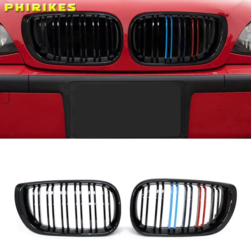 Für BMW 3er E46 4-Türer 2002-2005 Auto Frontstoßstangen-Grills Renngrill Nieren-Doppellinien-Grills Hochglanz-Schwarz Kühlergrill