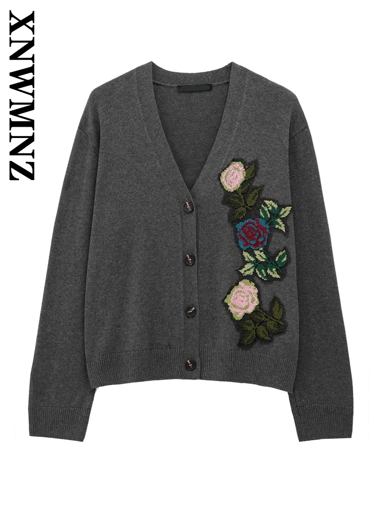

XNWMNZ 2025 Autumn Female Fashion V-Collar Knit Cardigan Top Edgy Spring Woman Long Sleeve Outerwear Ruffles Sweater Coat Floral
