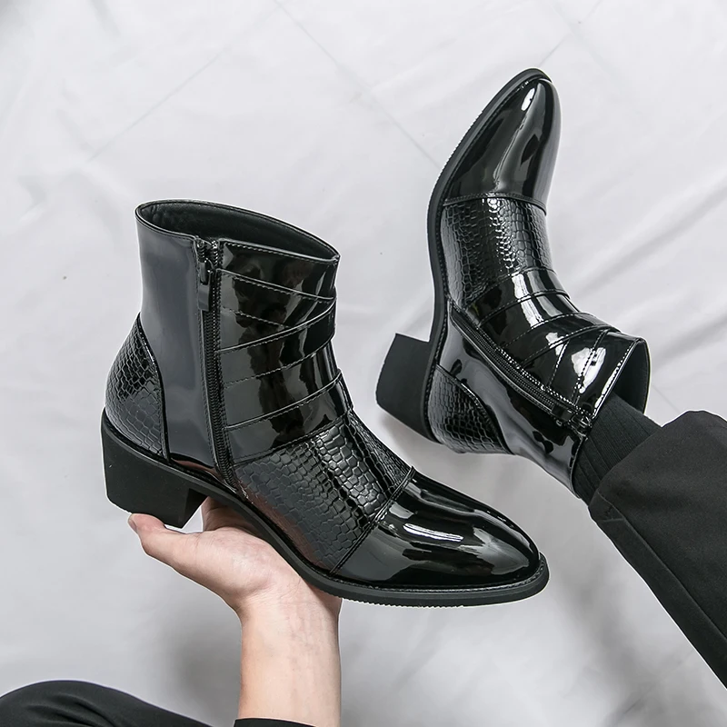 レトロファッション メンズ チェルシーブーツ 大きいサイズ 46 グリッターレザーブーツ メンズ ハイヒール ハイカット ドレスシューズ メンズ ボタス パラ オンブレ