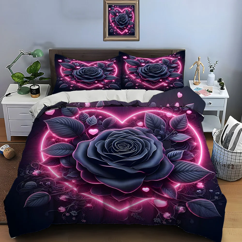 

Black Rose with Pink Heart Glow Print Soft Comfortable Duvet Cover Bedding Set Included 1*Duvet Cover 2*Pillowcases