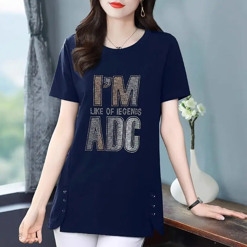 Summer New Vintage Loose Tops Split Hem Short Sleeve Print Letter Solid Button Casual T Shirts Fashion Office Women Clothing