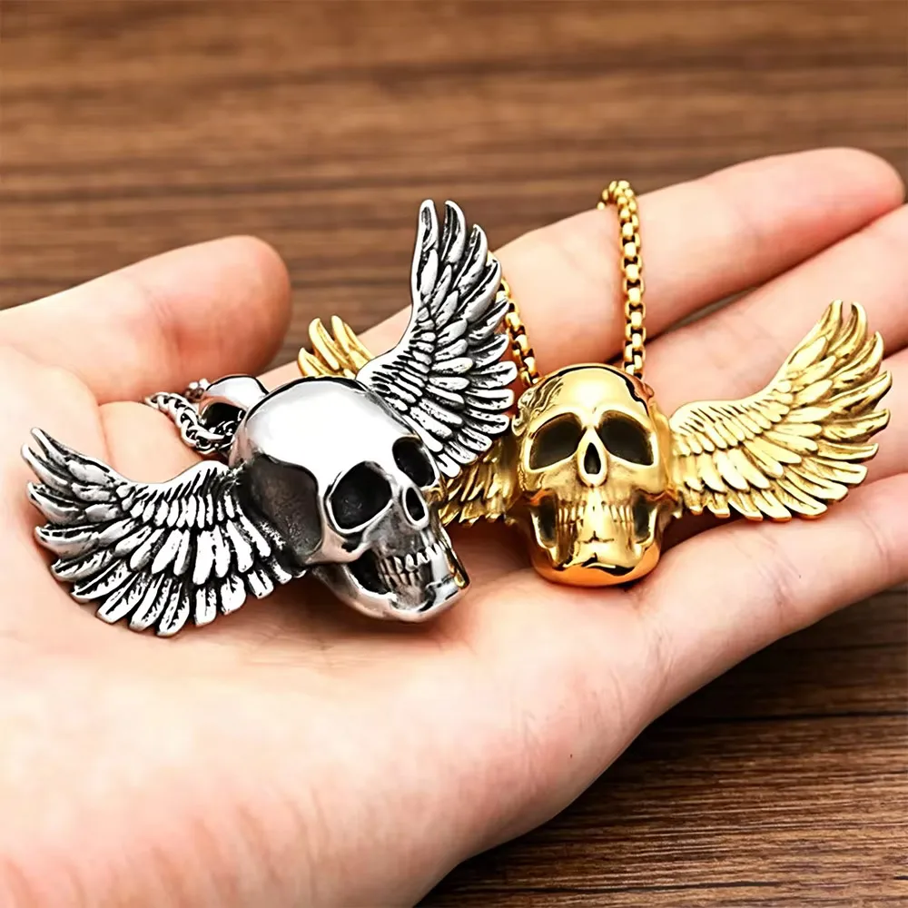 Gothic Two Tone Angel Wings Skull Pendant Necklace Stainless Steel Punk Hip Hop Personality Fashion Jewelry Gifts For Men Women