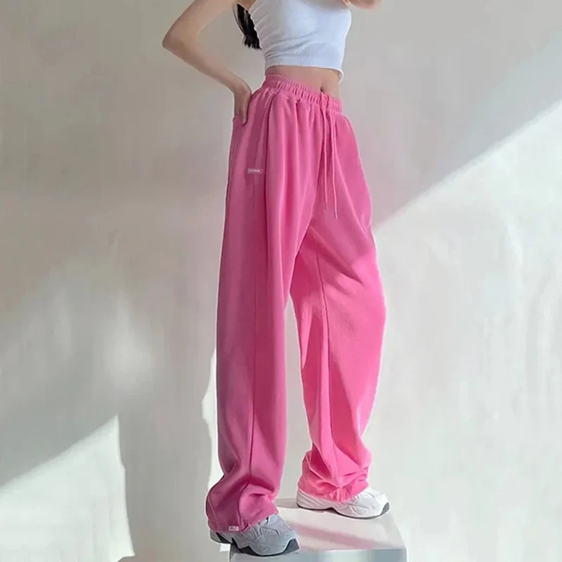 

Rimocy Hot Pink Wide Leg Sweatpants for Women High Waisted Causal Sports Trousers Female Solid Color Basic Harem Pants Woman