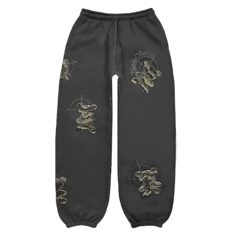 Harajuku Yk2 men\'s high-waisted loose bear embroidered trousers street clothes hip-hop women\'s American straight high street leg