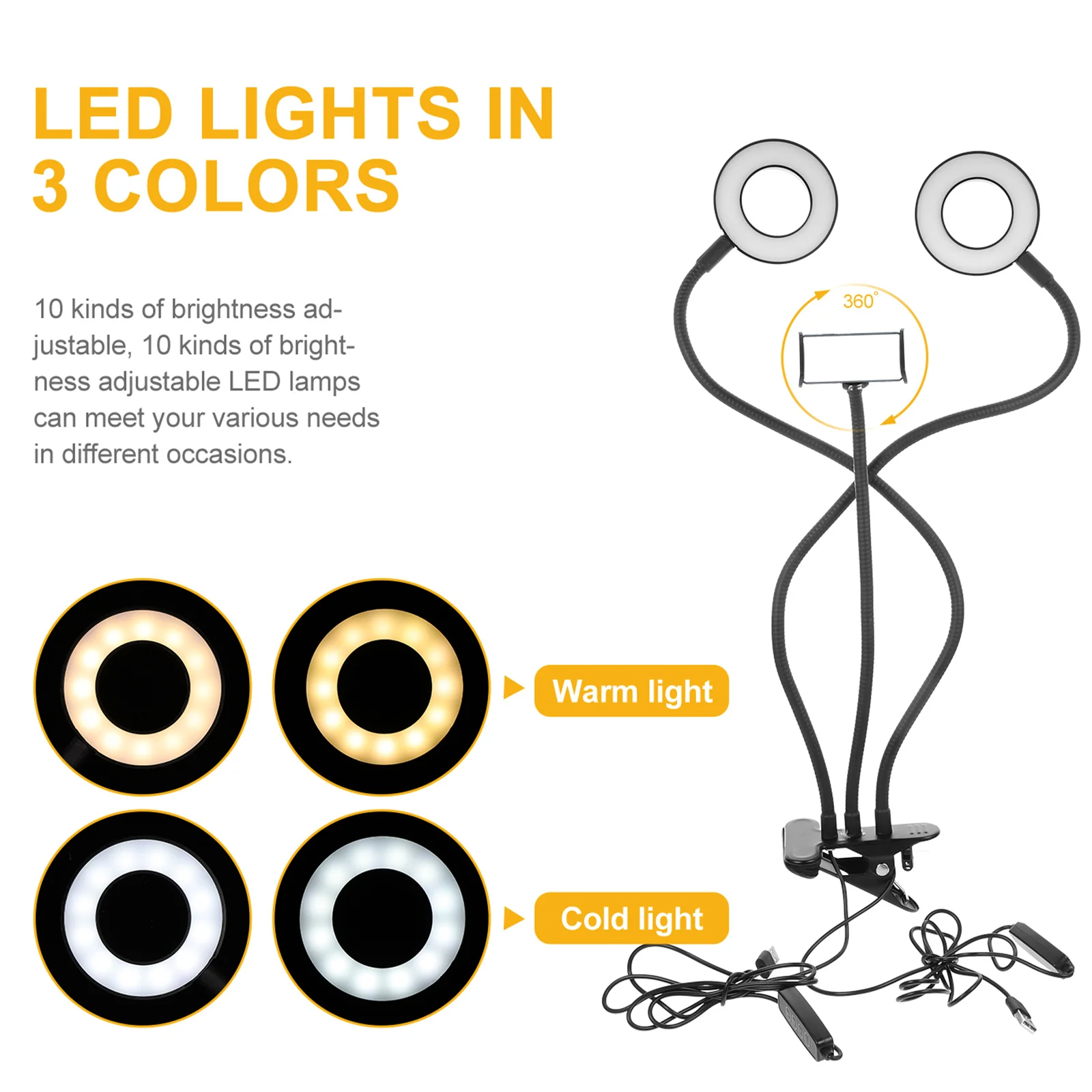 

Dual Head LED Fill Light Clip-on Selfie Lamp Brightness Adjustable 10 Levels 3 Colors Makeup Photography Live Stream Light
