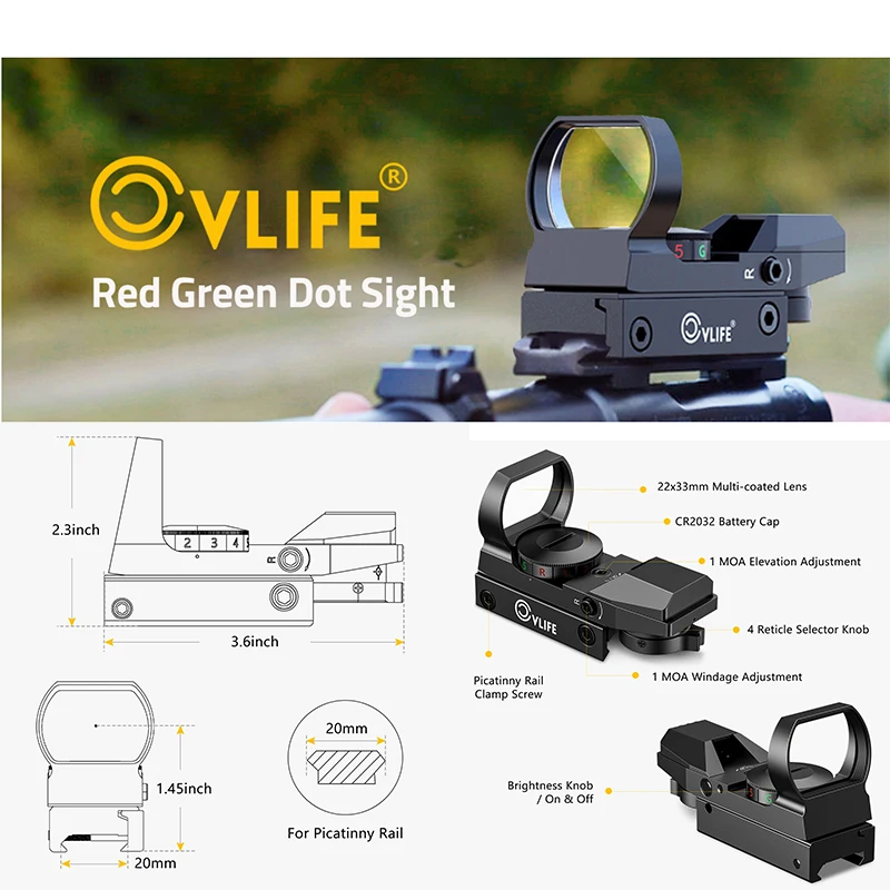 

CVLIFE 1X22X33 Red Green Dot Sight 4 Reticles Reflex Optics Scope Riflescope with 20mm Rail for Picatinny Rail for Hunting
