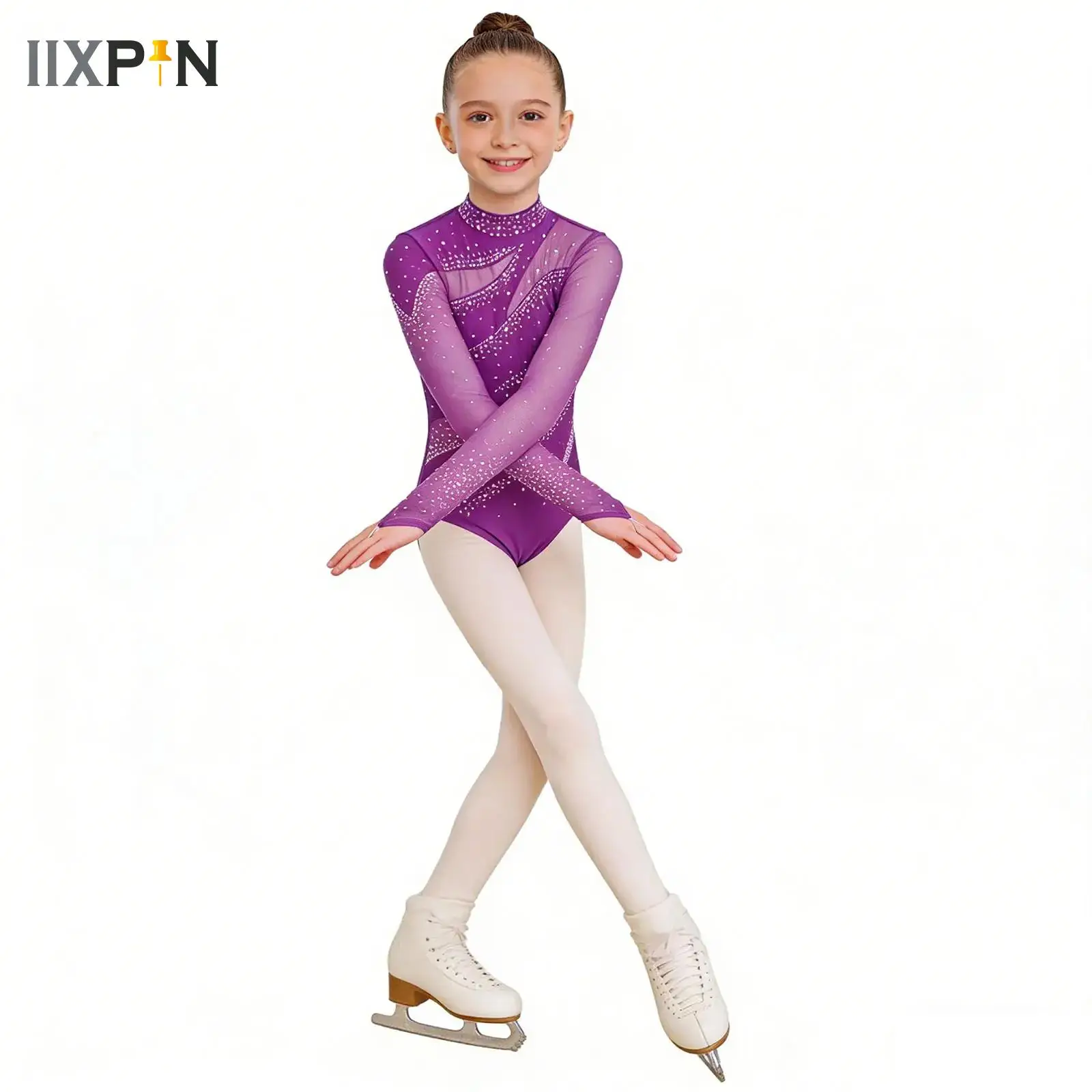 

Kids Girls Mesh Glittery Rhinestones Bodysuit Rhythmic Gymnastics Ballet Leotards Figure Skating Dance Performance Costume