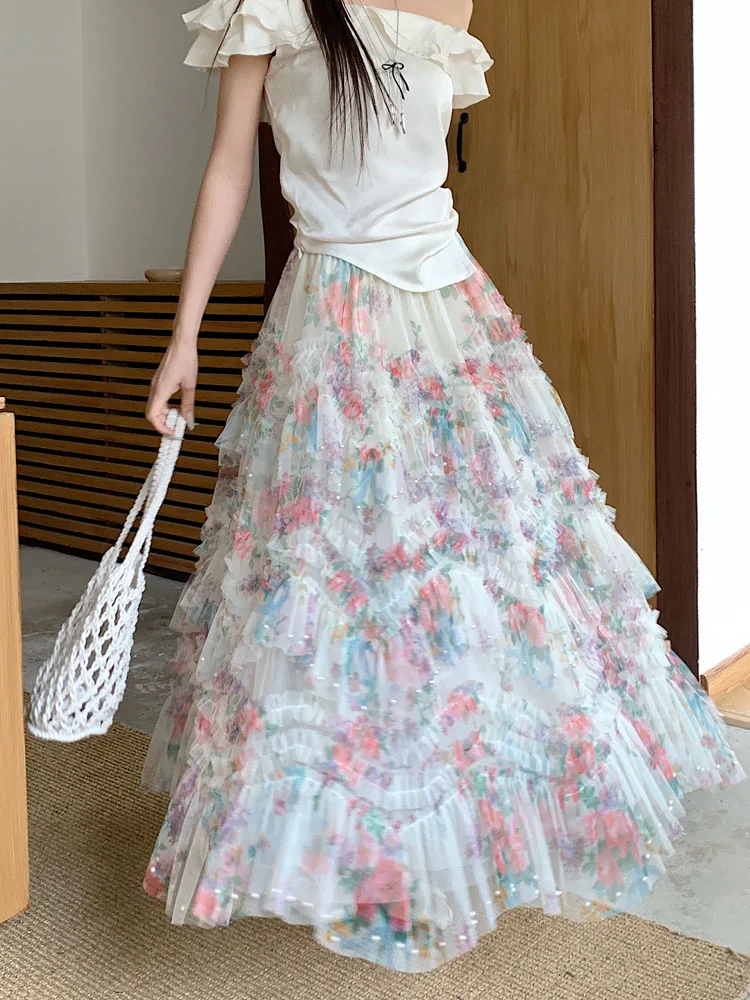 

Summer new large swing mesh Nail bead irregular printed high waisted skirt for women