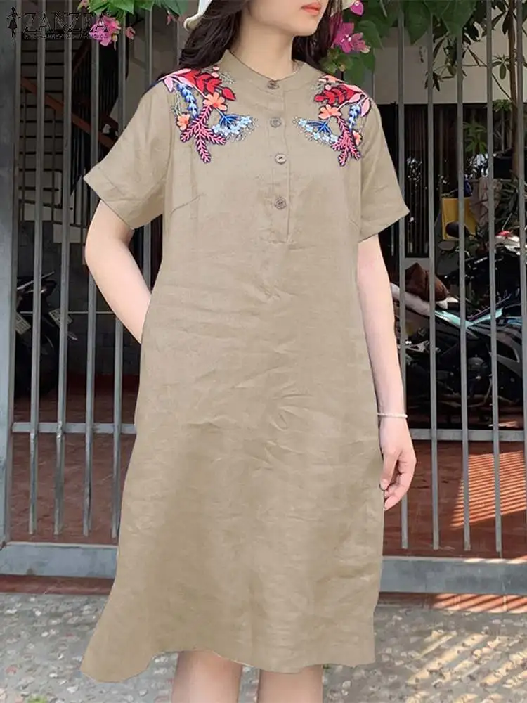 

ZANZEA Women Fashion Shirtdress 2024 Summer O Neck Short Sleeve Sundress Buttons Vestidos Casual Loose Holiday Work Midi Dress