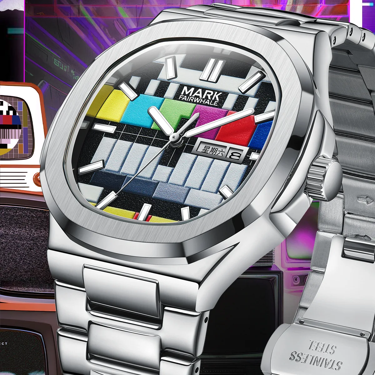 Mark Fairwhale 5210 Wacth Men Luminous Unique Design Stainless Steel Retro TV Signal Dial Quartz Watches Funny Special Gift