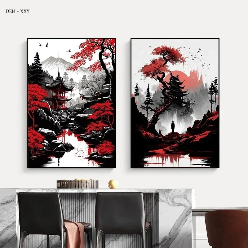 Canvas Painting Japanese Natural Landscape Mountain Temple Canvas Posters Vintage Black Red Ink Art Wall Art Prints Home Decor