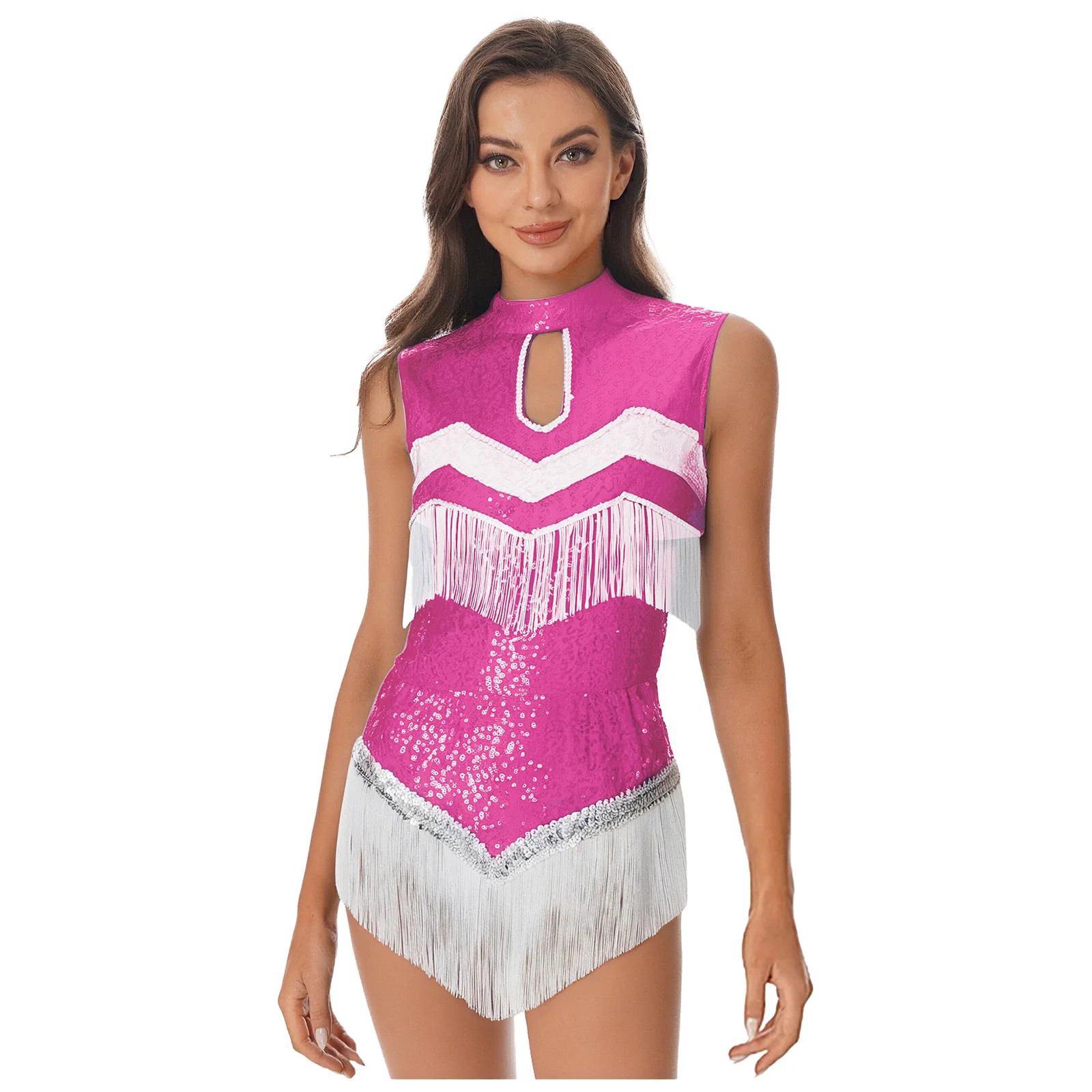

Women Glittery Sequin Cheerleading Bodysuit Sleeveless Tiered Tassel Latin Cha-cha Rumba Jumpsuit for Stage Performance Outfits