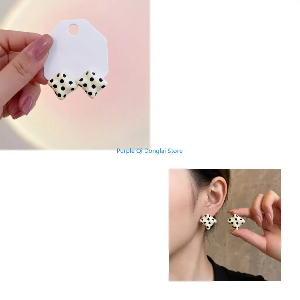 L21E Bold Contrast Square Post Earrings with Dot Pattern for Outfit Styling