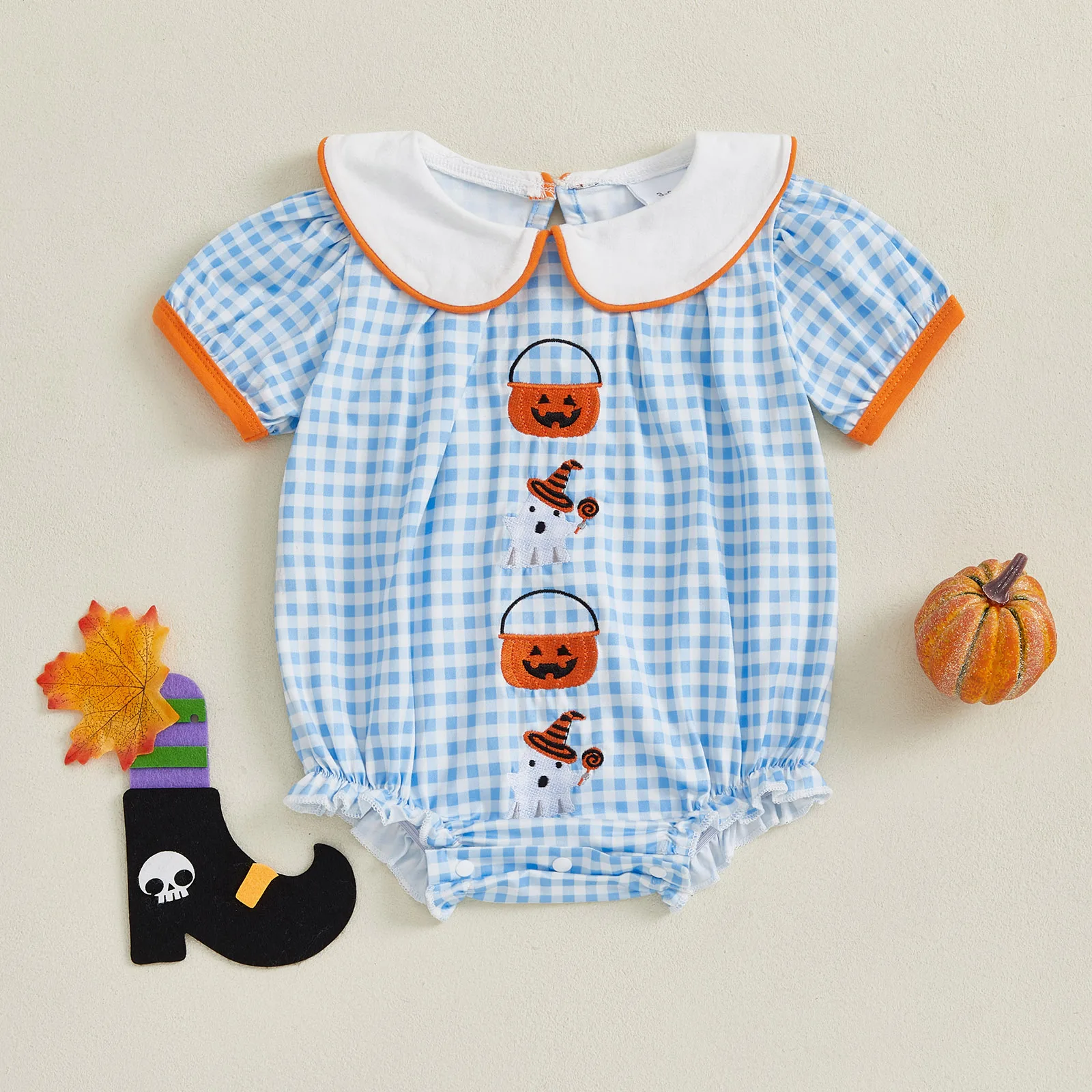 

SUNSIOM Baby Halloween Romper Short Sleeve Doll Collar Plaid Print Romper Newborn Fall Playsuit
