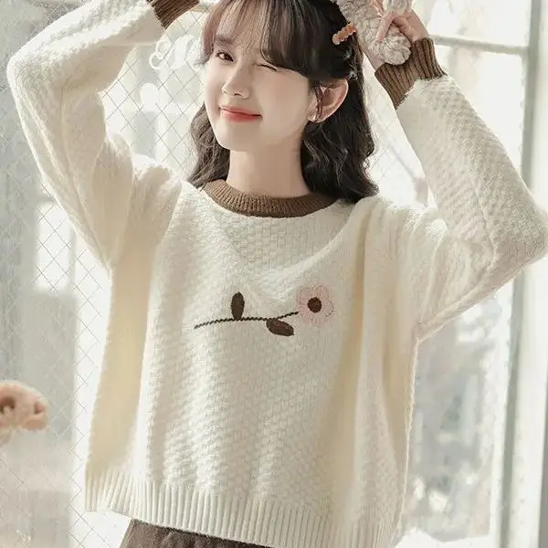 

Japanese Sweater Embroidery Bottoming Sweater Women'S Fall And Winter 2024 New Retro Short Inside And Outside With Knitwear