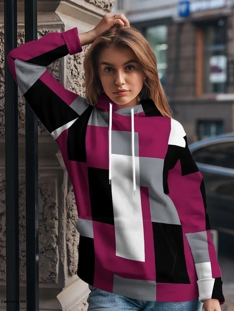 Ladies' autumn winter new long sleeve hooded sweatshirt 3D irregular checkered striped printed casual top personalized Pullover