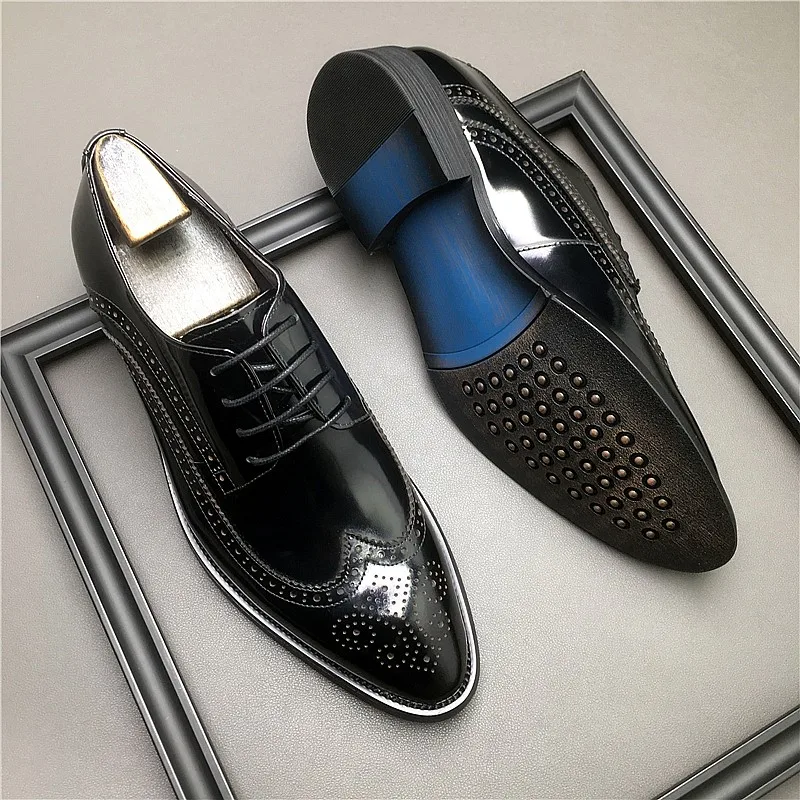 HKDQ Genuine Leather Men Brogue British Oxford Dress Shoes Fashion Wedding Pointed Tip Lace Up Business Shoes Formal Blue Shoe