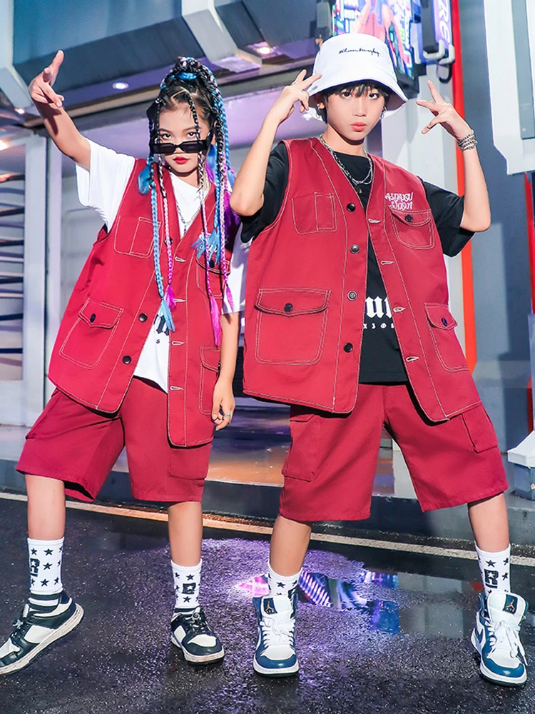 

Kids Hip Hop Dance Clothes Boys Loose Red Vest Shorts Girls Modern Jazz Dance Performance Outfits Concert Stage Clothing BL11143