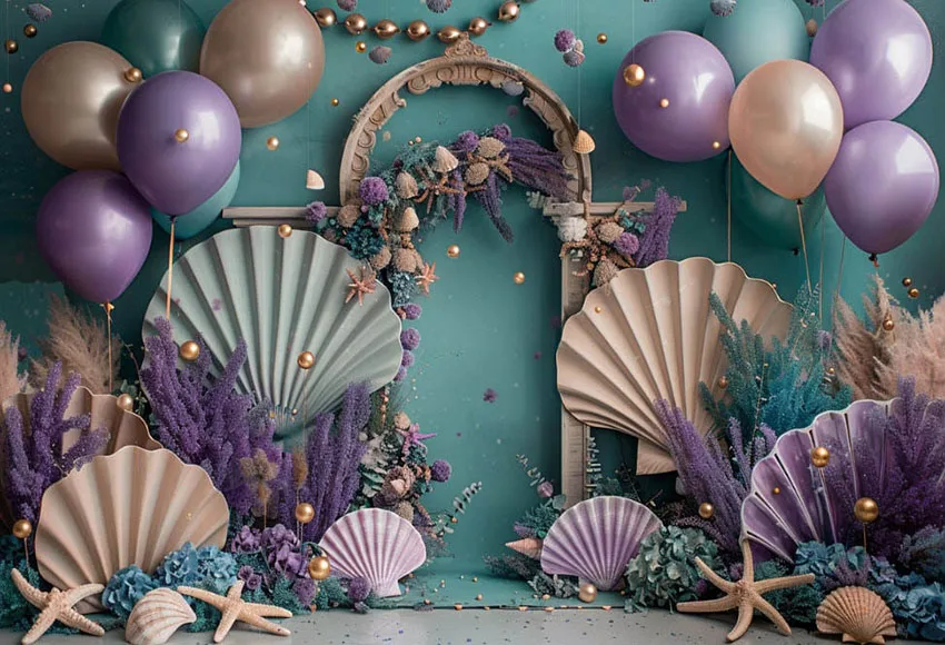 Mehofond-Fondo de fotografía con arco de sirena, globos, conchas, pastel de fiesta de cumpleaños para niña, retrato de Smash, decoración, telón de fondo para estudio fotográfico