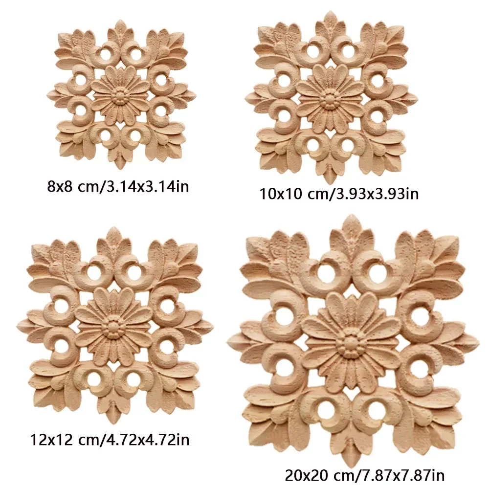 4pcs Wood Carved Mouldings Corner Applique Onlay for Furniture Home Door Decal Square Rubber Oak Applique Home Decoration