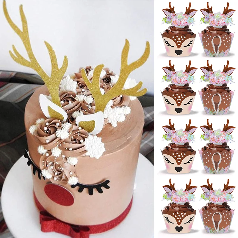 

Gold Glitter Deer Elk Antlers Cake Topper Elk Paper Cupcake Wrapper For Birthday Party Home Merry Christmas Cake Decoration 2023