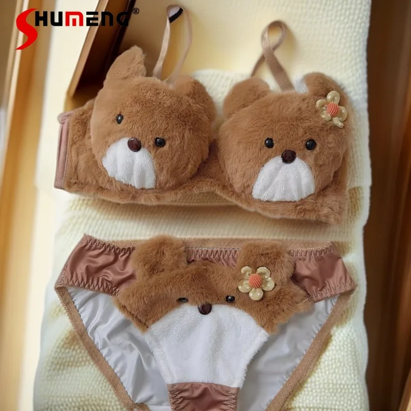 Set di reggiseno per orso di peluche intimo simpatico cartone animato Set di slip addensati per studenti senza fili da donna Intimo push up autunno inverno femminile