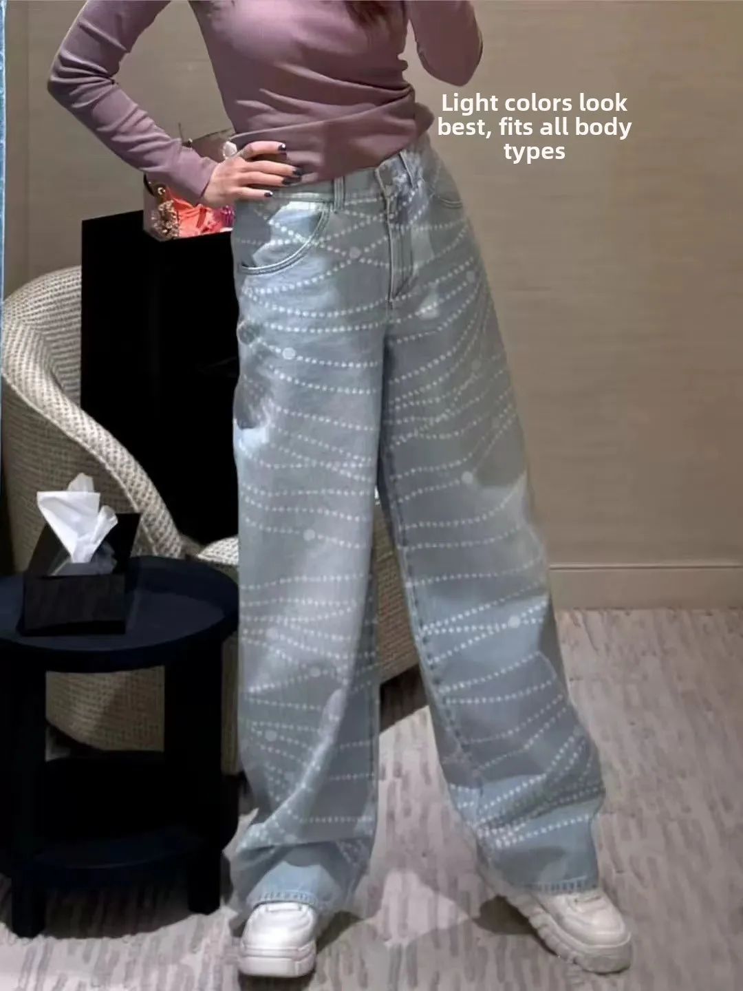 

Spring Summer Laser Print Loose Wide Leg Jeans Slimming Casual Long Pants High Waist Denim Skinnies for Women