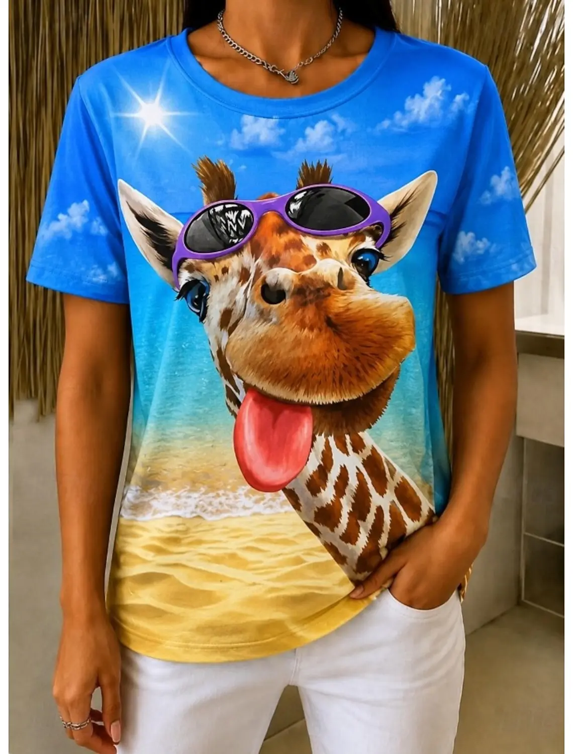 Women's Spring Summer 3D Printed Crew Neck Tee, Bright Orange Base Big Eye Giraffe Big Head 3D Print Casual Fashion Top