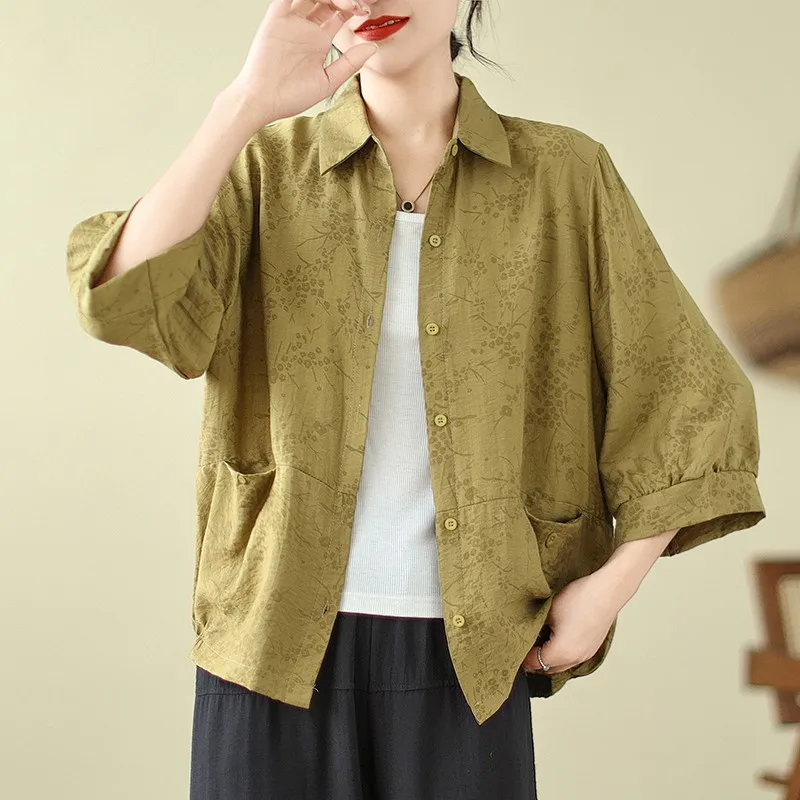 

2024 New Arrival Spring/summer Women Loose Turn-down Collar Three Quarter Sleeve Blouse Casual Lantern Sleeve Cotton Shirts S64