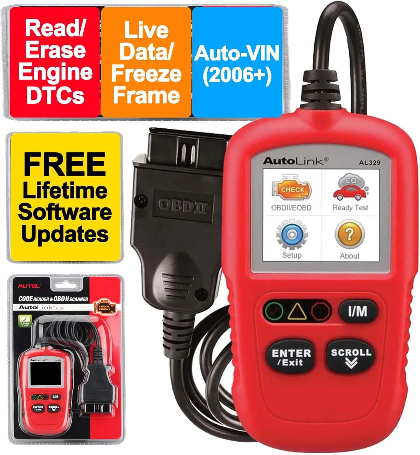 OBD2 Scanner AL329, Auto VIN, Check Engine Light Code Reader, MIL Reset, One-Click I/M Readiness, CAN Diagnostic Tool for OBD II