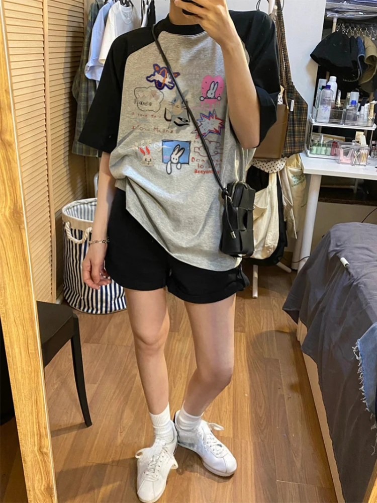 Grunge Sweet Loose Contrast Color Patchwork T-shirts Summer Casual Short Sleeve Vintage Funny Print All Match Y2k Aesthetic Tees