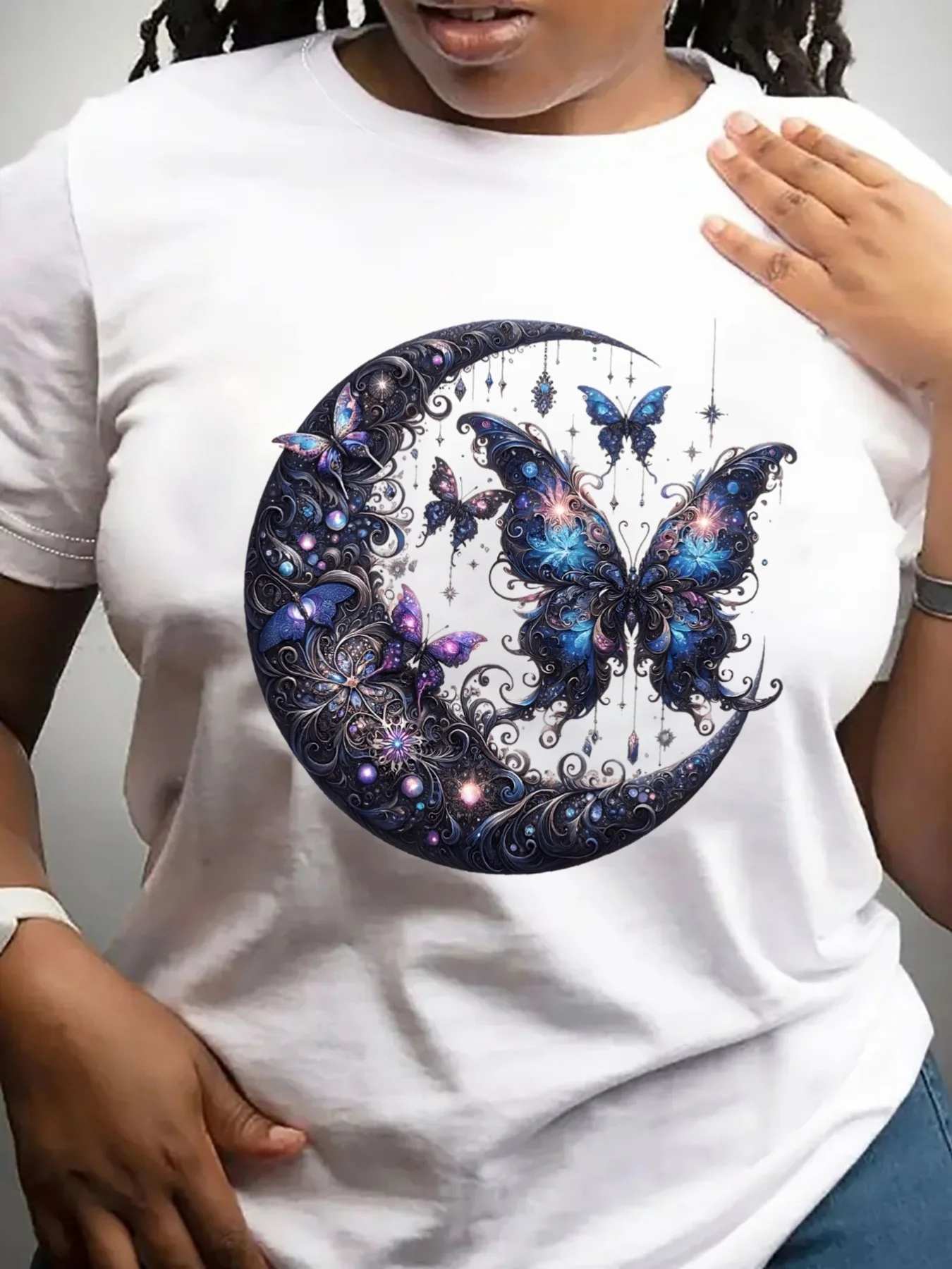 Plus Size Women's Clothing, Women's Oversized T-Shirt - Artistic Butterfly and Crescent Print with Blue, Purple, Pink, Gold, Black, and White Swirl Patterns, Short-Sleeved Round-Neck Breathable Summer Casual Top, Sizes Large to 5XL, Bohemian Starry Sky Design Suitable for Daily and Special Occasions, Loose Fit, Lightweight Fabric, Soft Material, a Must-Have for Fashion Enthusiasts