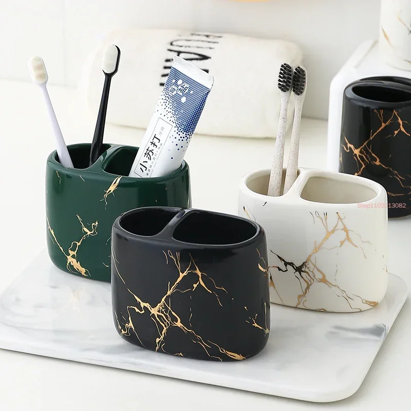 Toothpaste Toothbrush Holder Marbling Ceramics Bathroom Cup Multifunction Rack Supplies