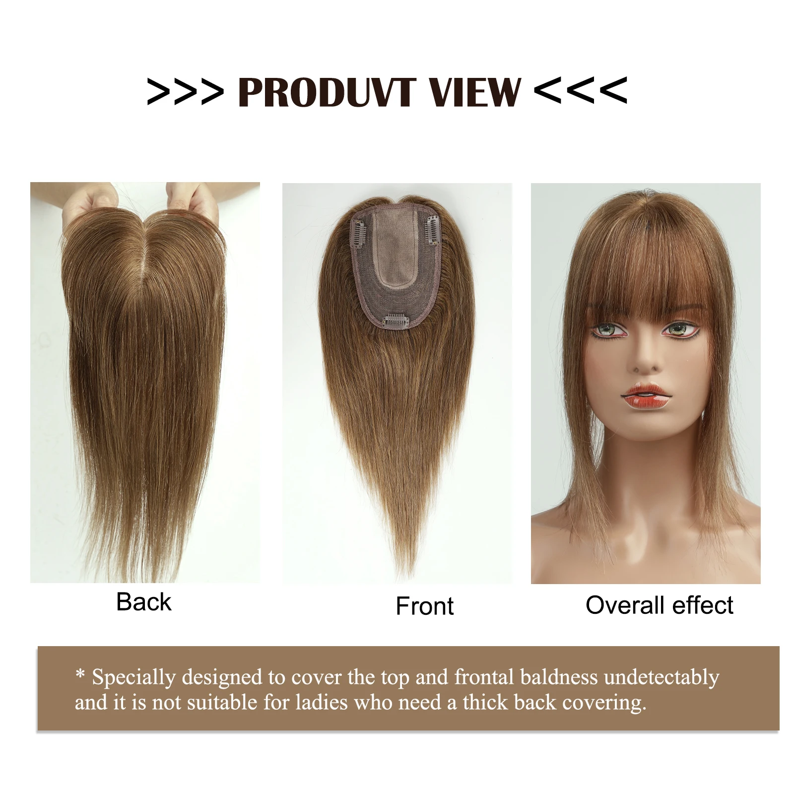 Human Hair Toppers with Bang 10/12/14'' Chocolate Brown 100% Remy Human Hair Topper Wigs for Women Silk Base Clip in Hair Piece